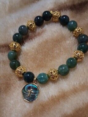 Moss Agate Beaded Bracelet with Gold Accents and Abalone Cross Pendant